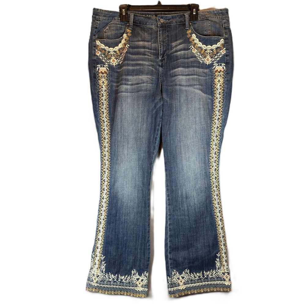 Laurie Felt Bootcut Jeans 18W Dark Wash Heavy Floral Embroidery Faded Denim